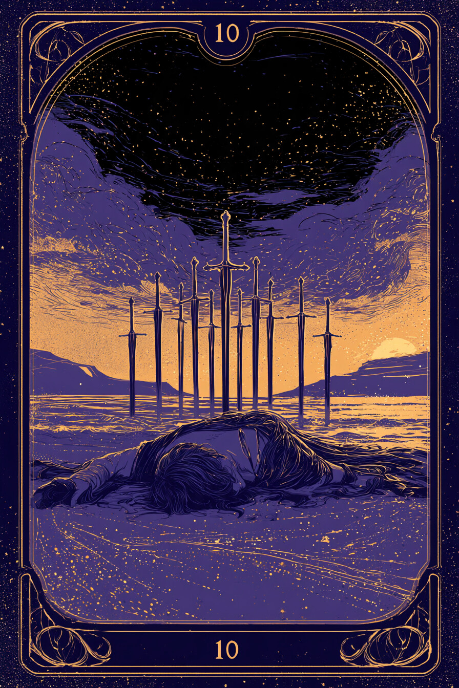 10 소드(10 of Swords) 타로 카드 그림 — 완성과 결실, 한 단계의 마무리 (생각·갈등·판단…