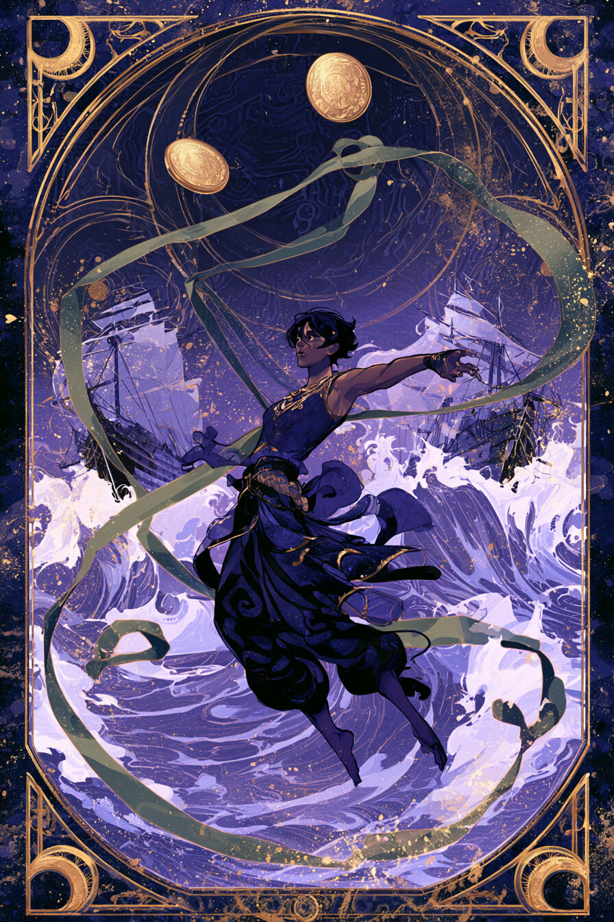 2 펜타클(2 of Pentacles) 타로 카드 그림 — 선택과 균형, 협력의 시작 (물질·재물·현실적 기…