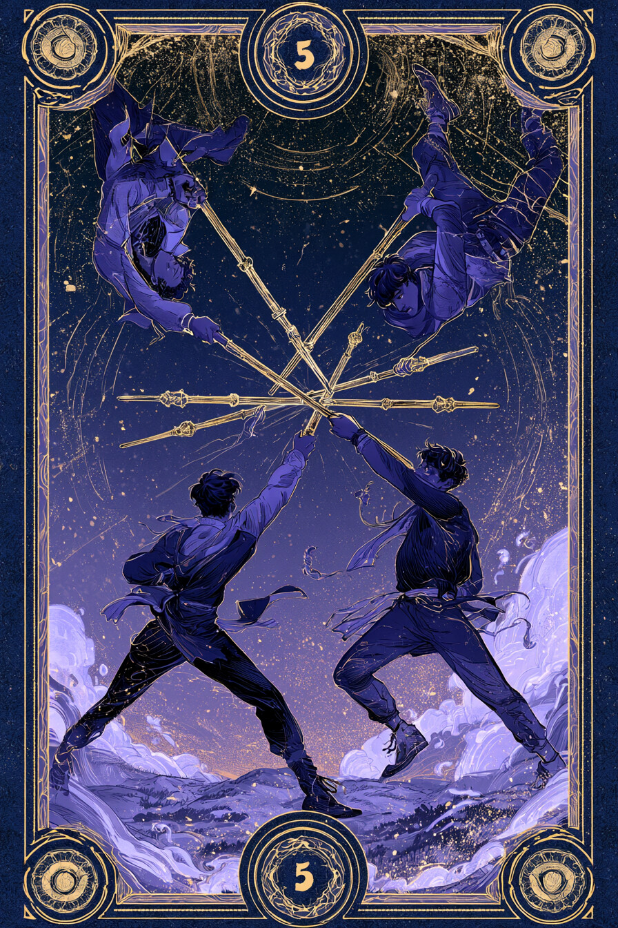 5 완드(5 of Wands) 타로 카드 그림 — 갈등과 도전, 경쟁 속의 시험 (열정·행동·일과 …