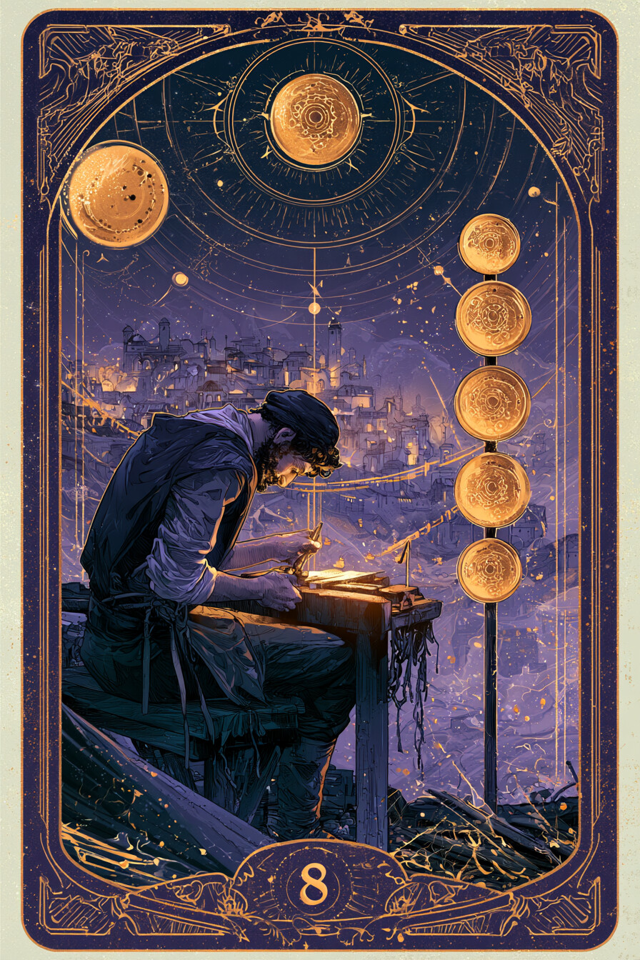 8 펜타클(8 of Pentacles) 타로 카드 그림 — 빠른 진전, 집중된 노력의 결실 (물질·재물·현실…