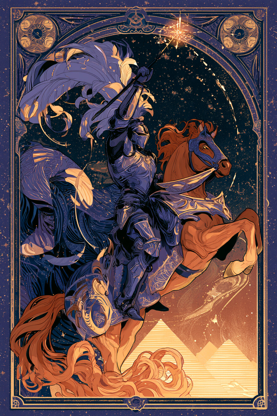 기사 완드(Knight of Wands) 타로 카드 그림 — 행동으로 옮기는 추진력, 목표를 향한 돌진 (열…