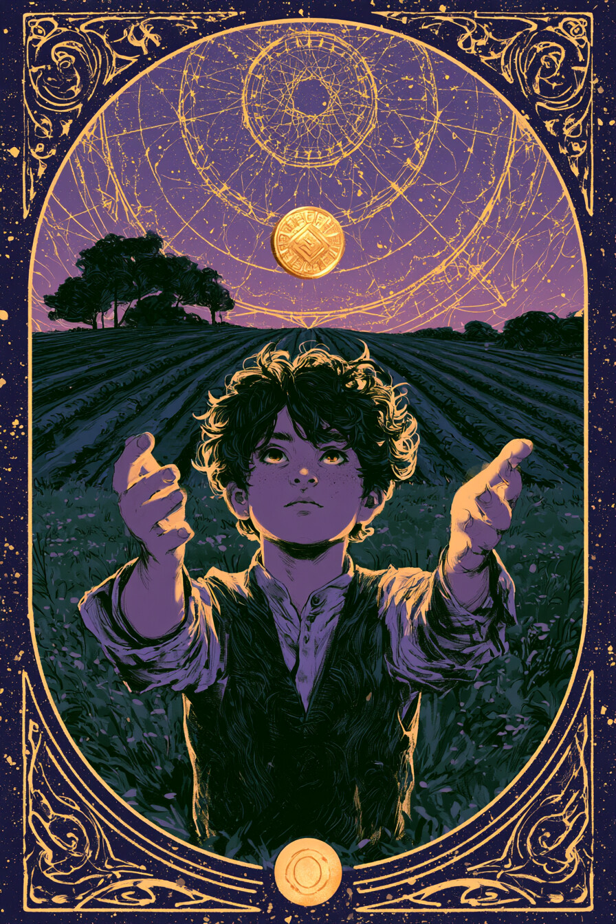 페이지 펜타클(Page of Pentacles) 타로 카드 그림 — 배움의 시작, 호기심 어린 메시지 (물질·재물·현…