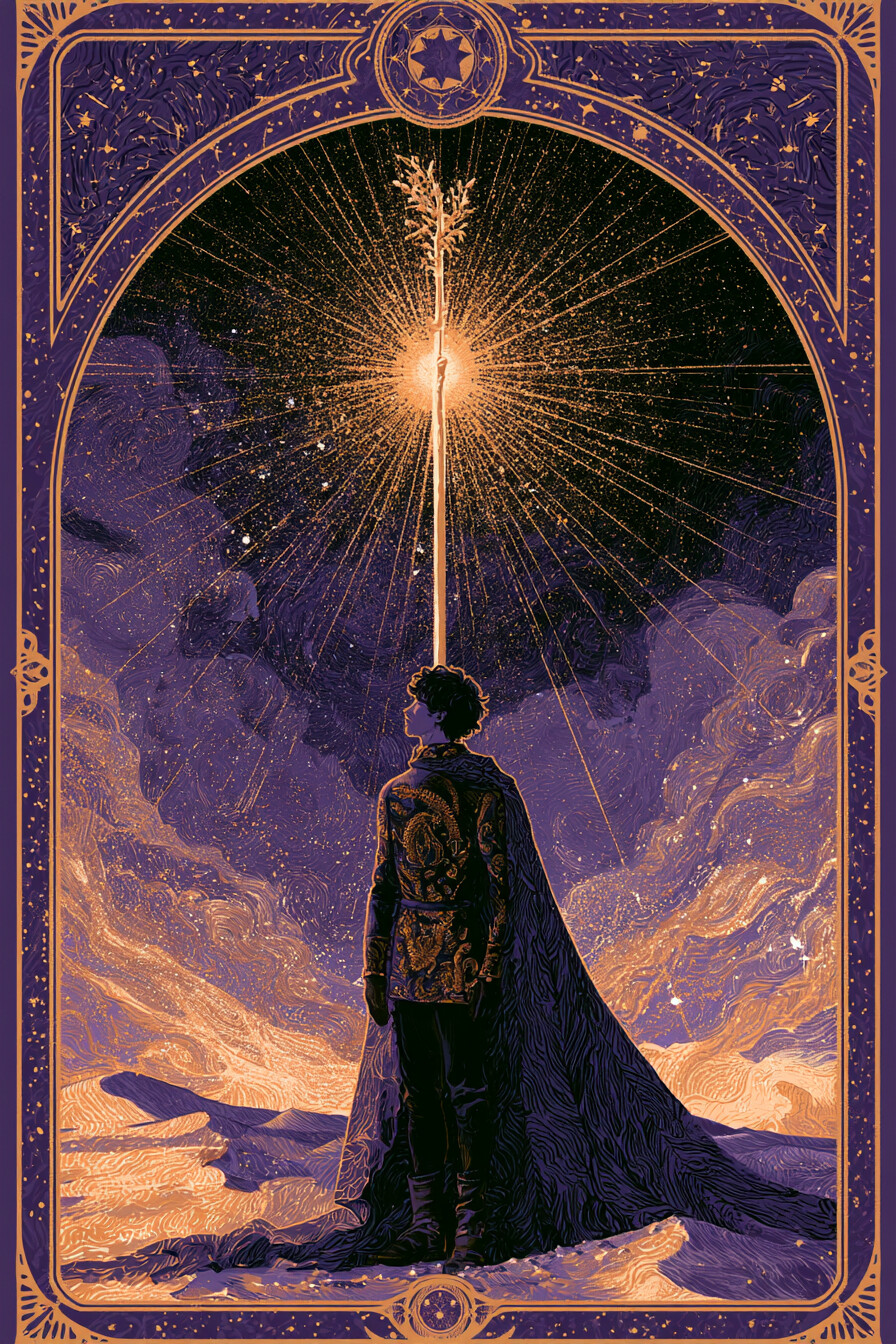 페이지 완드(Page of Wands) 타로 카드 그림 — 배움의 시작, 호기심 어린 메시지 (열정·행동·일…