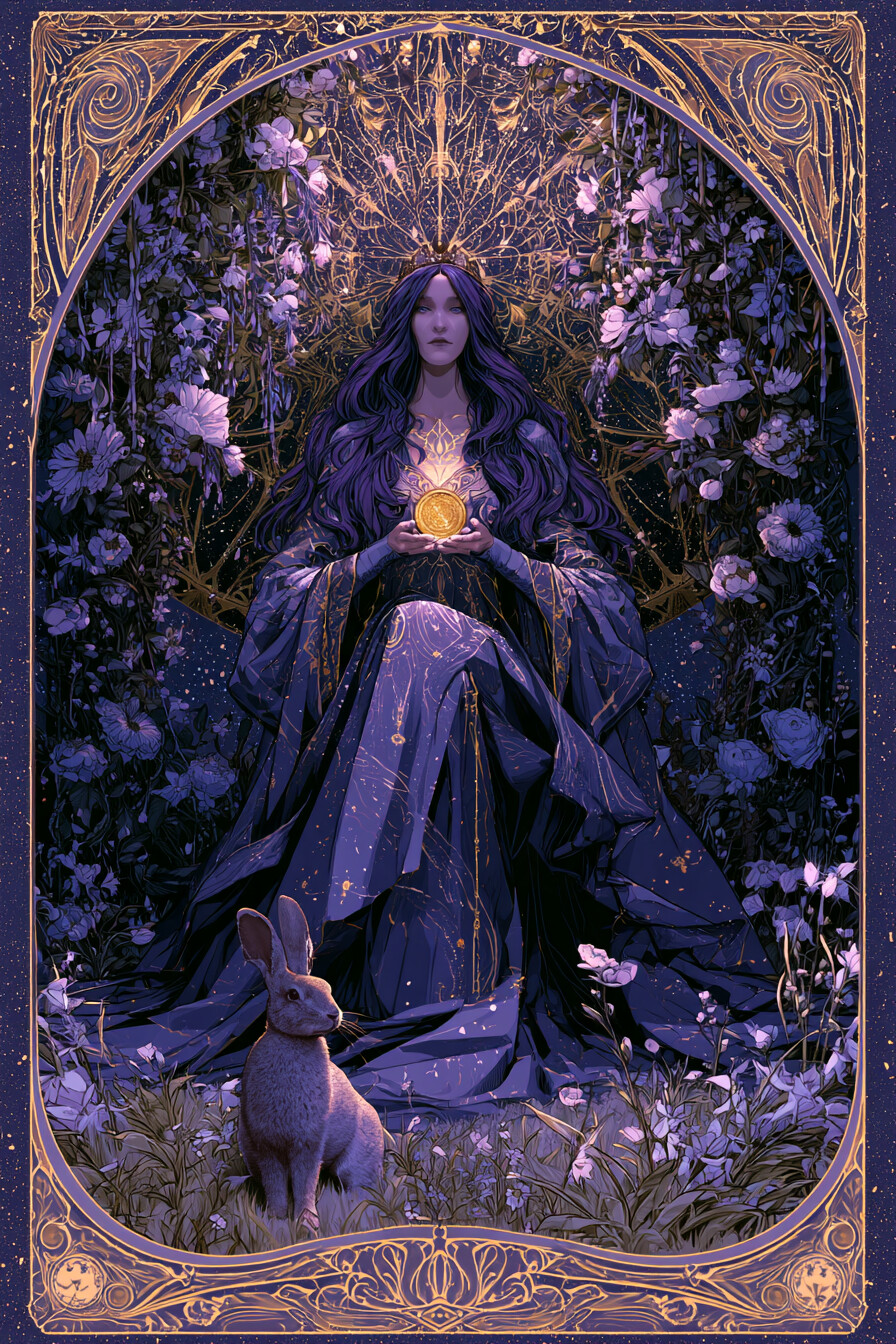 여왕 펜타클(Queen of Pentacles) 타로 카드 그림 — 성숙한 포용력, 해당 영역을 다루는 내면의 힘 (…