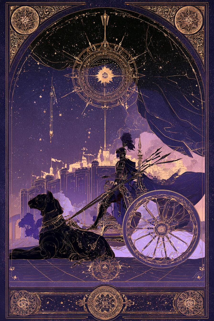 전차(The Chariot) 타로 카드 그림 — 의지로 밀어붙이는 추진력, 상반된 힘의 통제, …